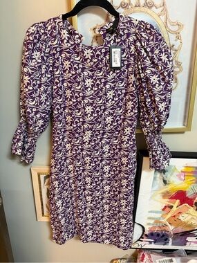 Maje Purple and White Floral Puff-Sleeve Dress
